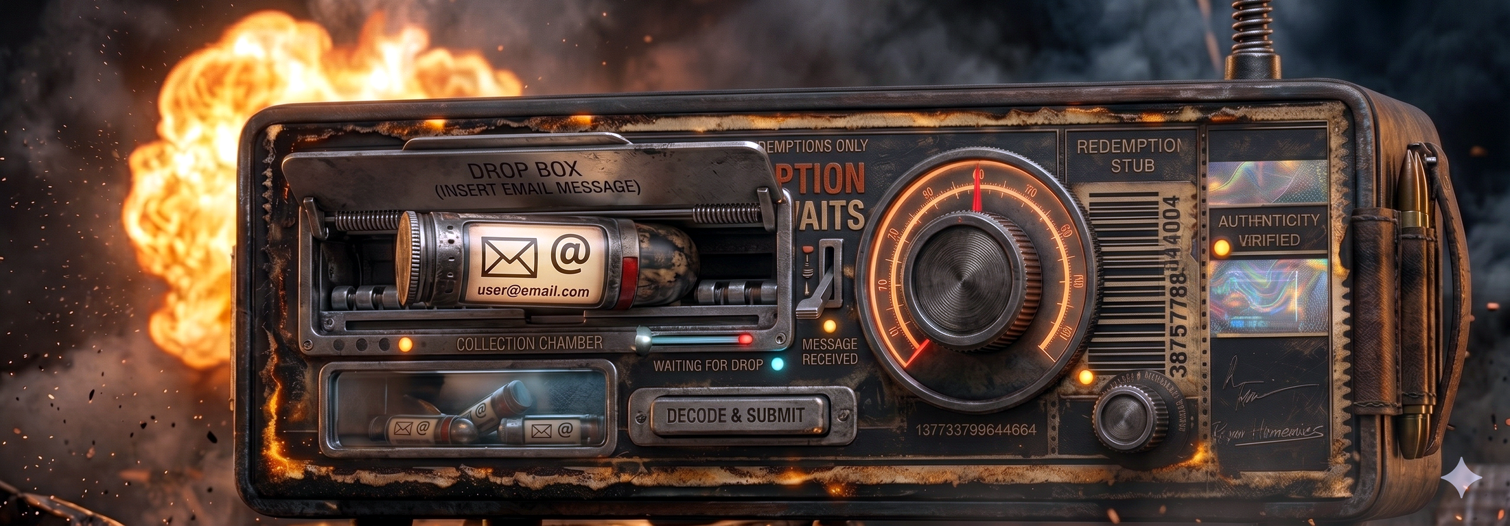 A burned metal email dropbox and radio machine with glowing controls