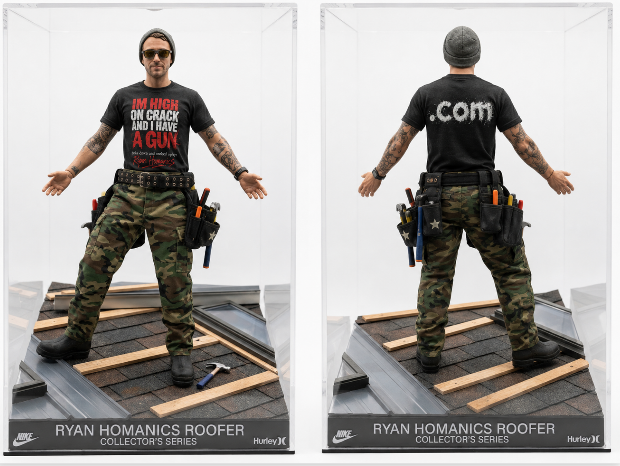 Action figure modeling the black IHOCAIHAG shirt