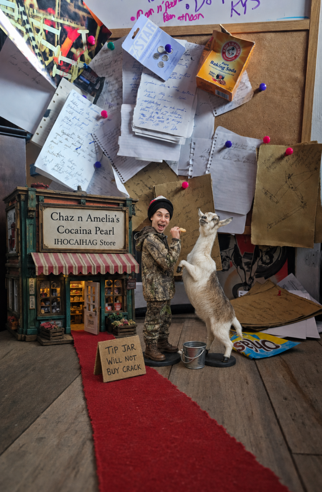 Chaz n Amelia's Cocaina Pearl IHOCAIHAG Store red carpet location with a front door and tip jar sign